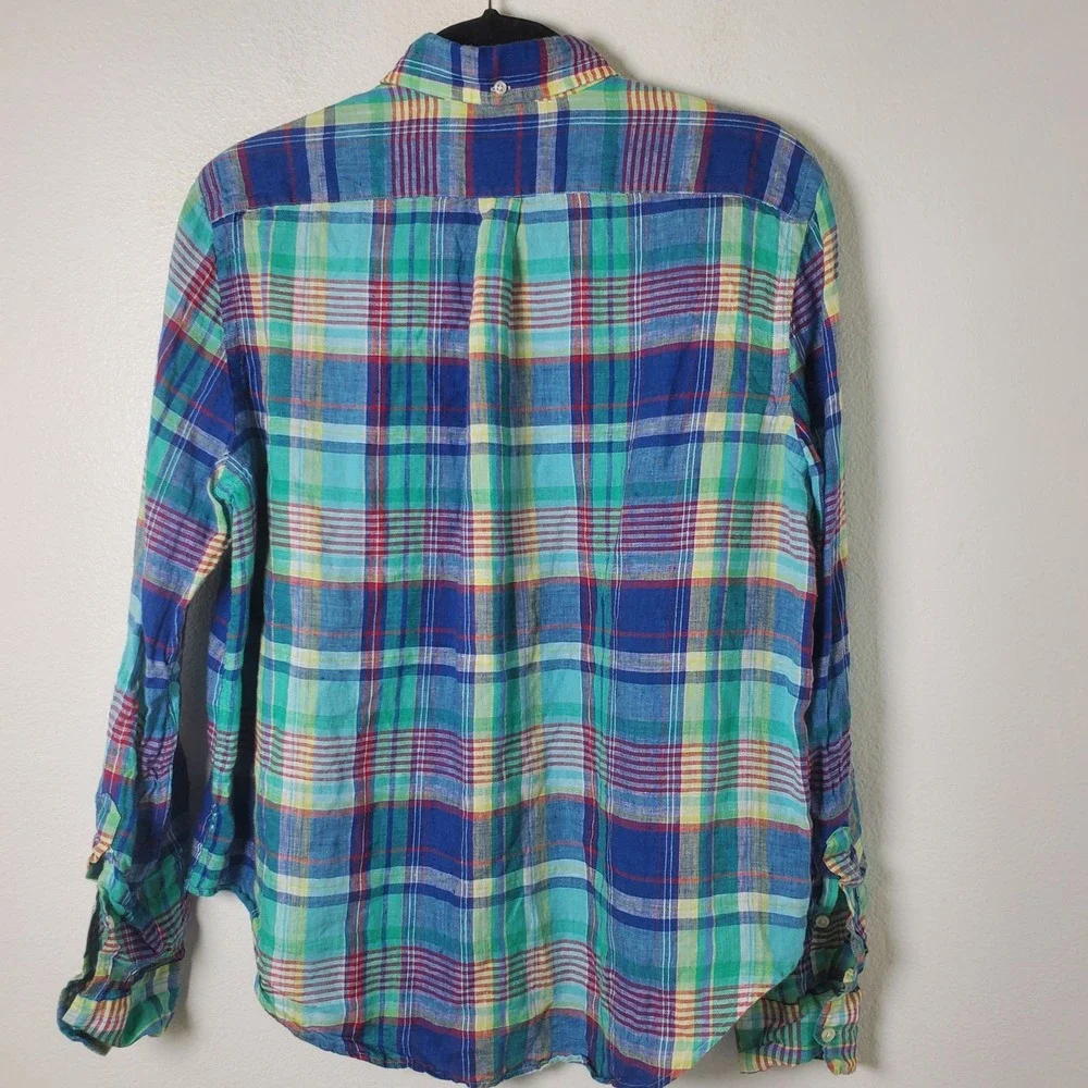 Ralph Lauren Multicolor Plaid Slub Linen Button Down Shirt Blue Green Youth Lg
